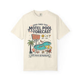 Motel Pool Forecast T-Shirt — Vintage Resort Graphic Tee (“100% chance of staying pool”)