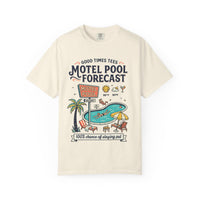 Motel Pool Forecast T-Shirt — Vintage Resort Graphic Tee (“100% chance of staying pool”)