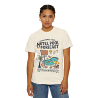 Motel Pool Forecast T-Shirt — Vintage Resort Graphic Tee (“100% chance of staying pool”)