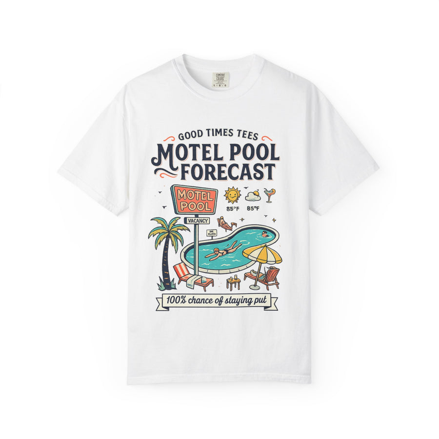 Motel Pool Forecast T-Shirt — Vintage Resort Graphic Tee (“100% chance of staying pool”)