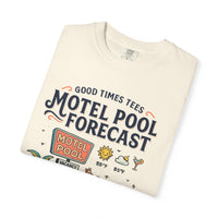 Motel Pool Forecast T-Shirt — Vintage Resort Graphic Tee (“100% chance of staying pool”)