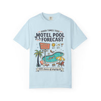Motel Pool Forecast T-Shirt — Vintage Resort Graphic Tee (“100% chance of staying pool”)